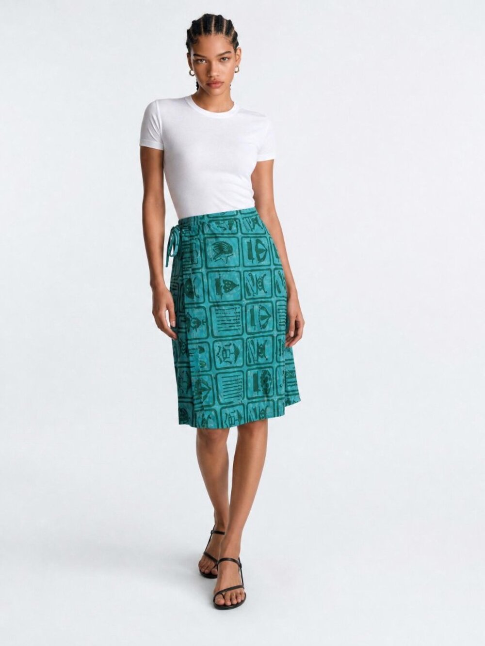 Green Hand Block Printed Knee Length Cotton Wrap Skirt from Ghana 28" Waist
